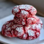 A close-up stack of three vibrant red velvet cake mix cookies covered in cracked powdered sugar.