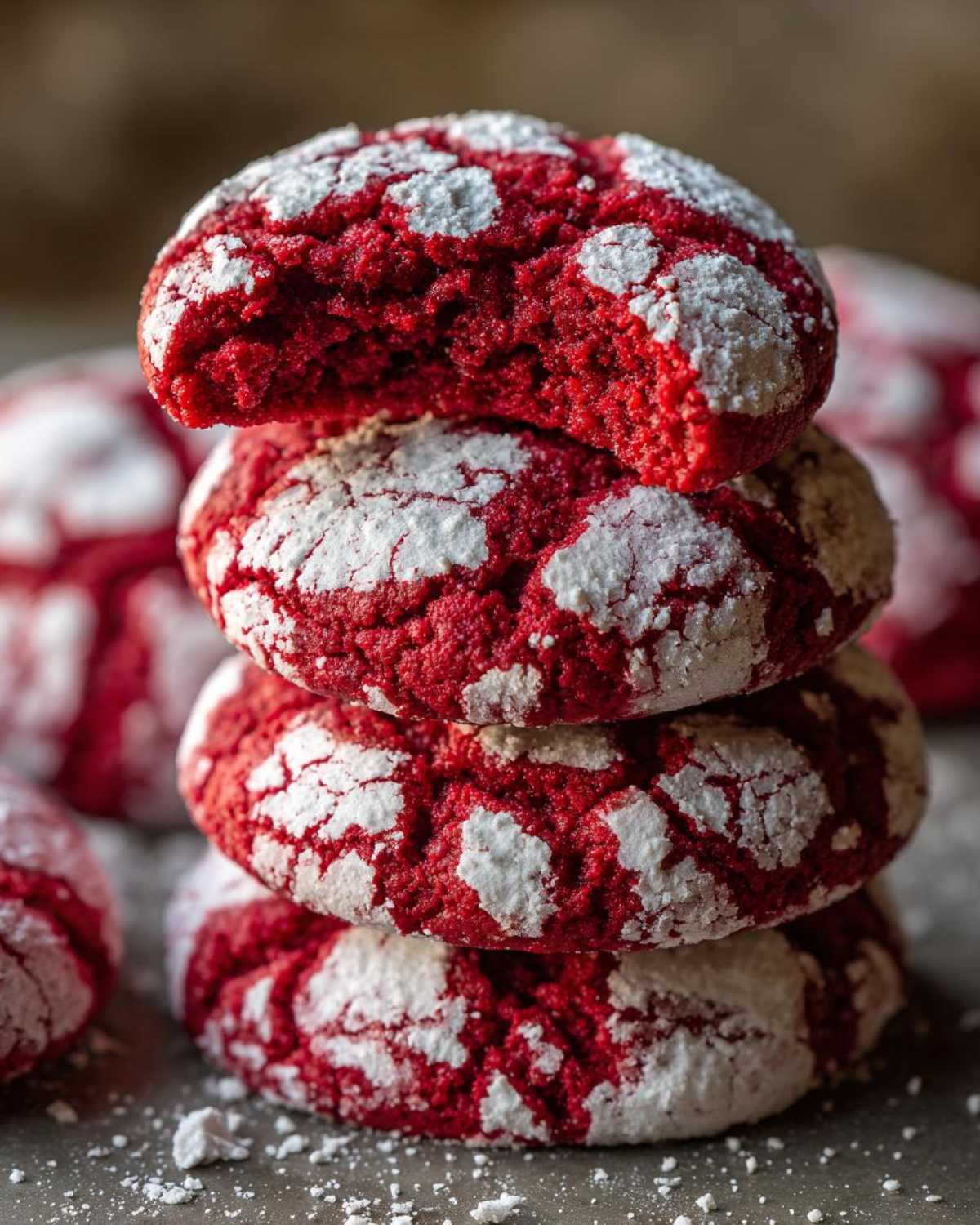 A stack of four vibrant red velvet cake mix cookies dusted heavily with powdered sugar, one on top is broken open.