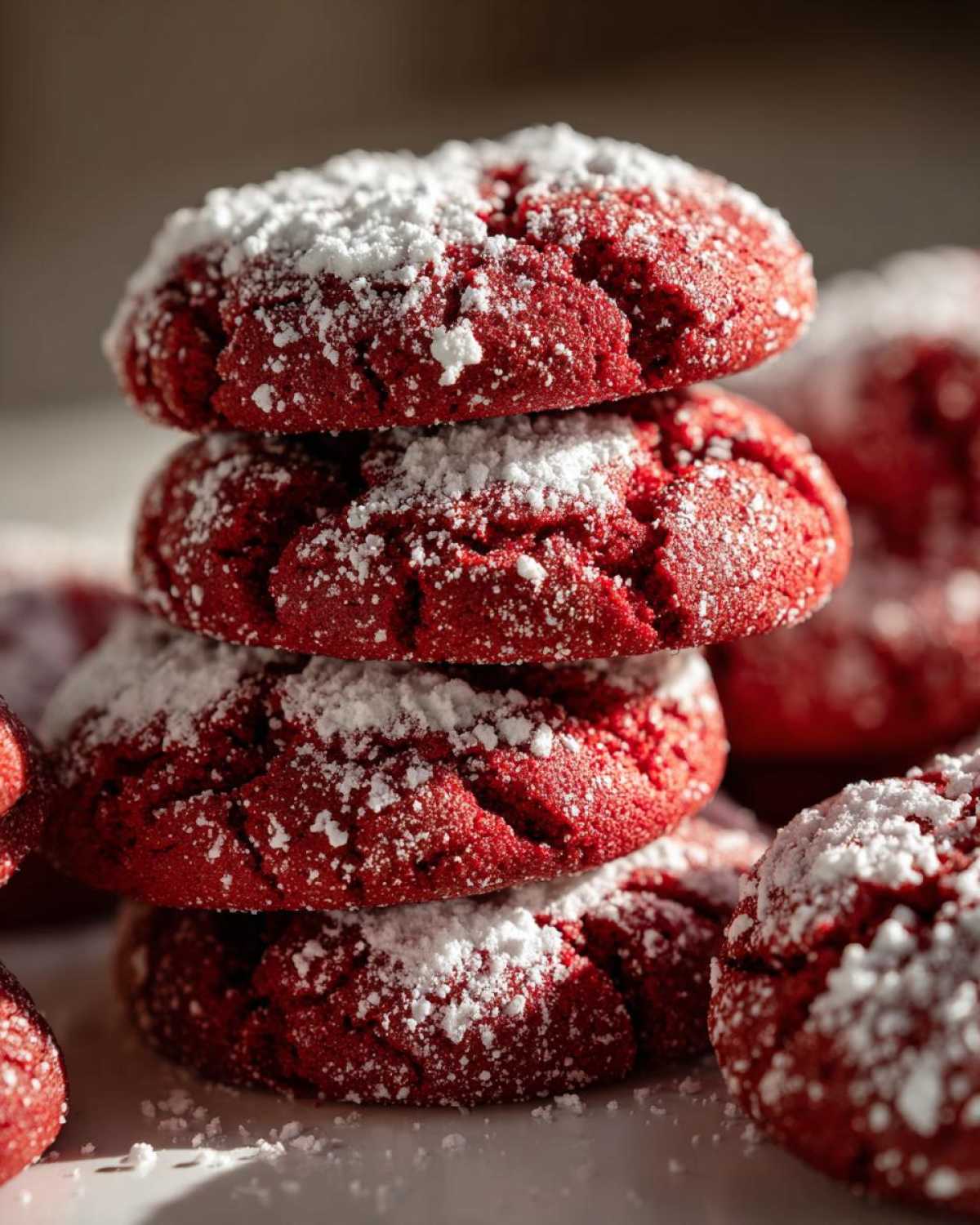A close-up stack of four vibrant red velvet cake mix cookies dusted heavily with white powdered sugar.