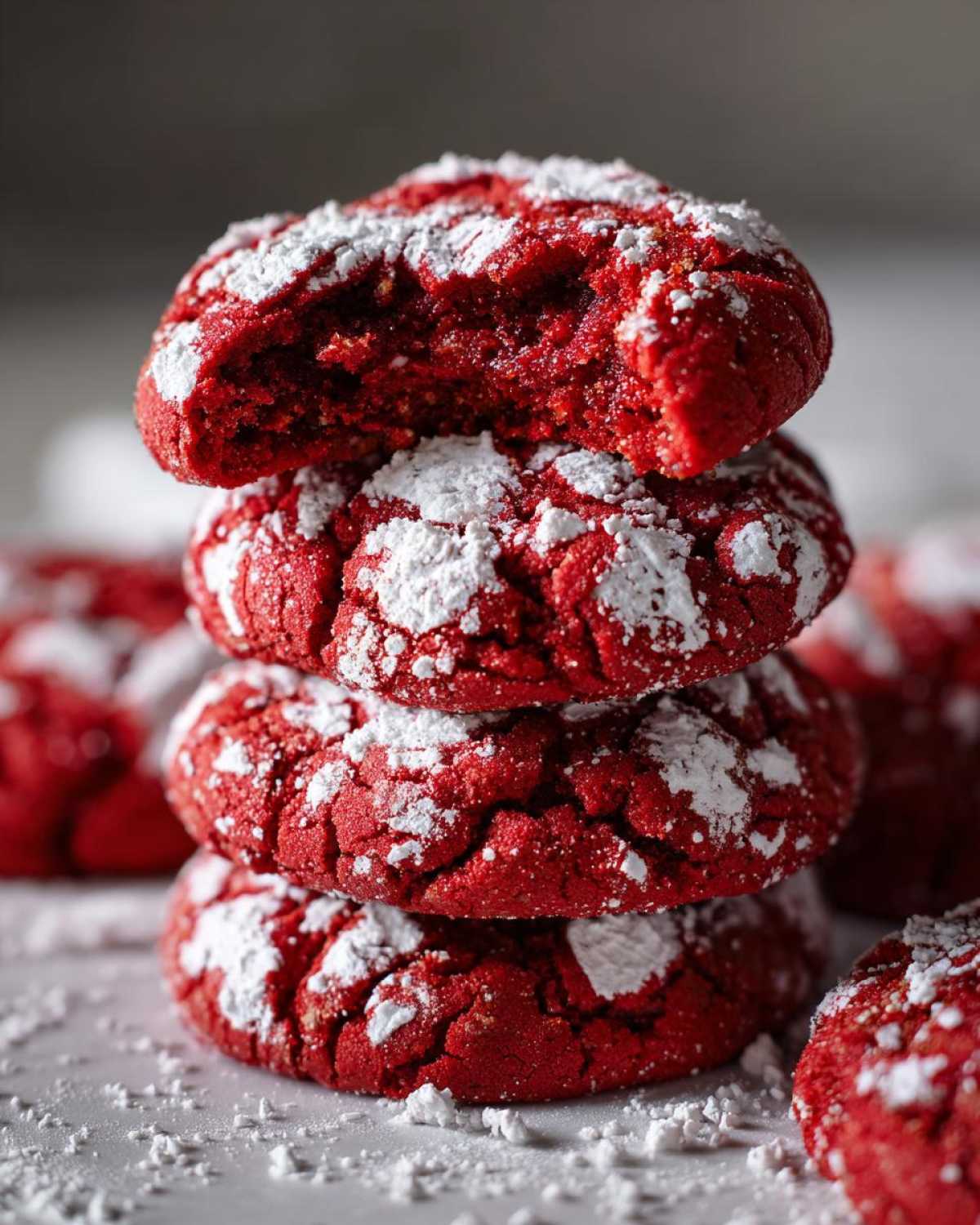 A close-up stack of three vibrant red velvet cake mix cookies dusted heavily with white powdered sugar.