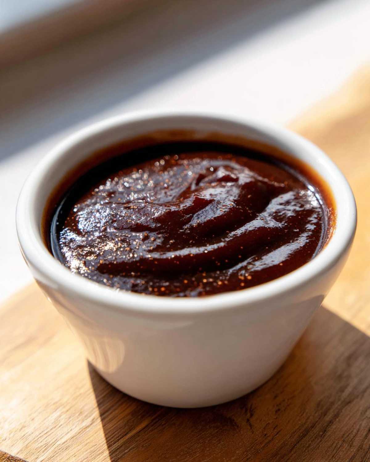 Close-up of thick, glossy homemade bbq sauce in a small white ramekin on a wooden surface.