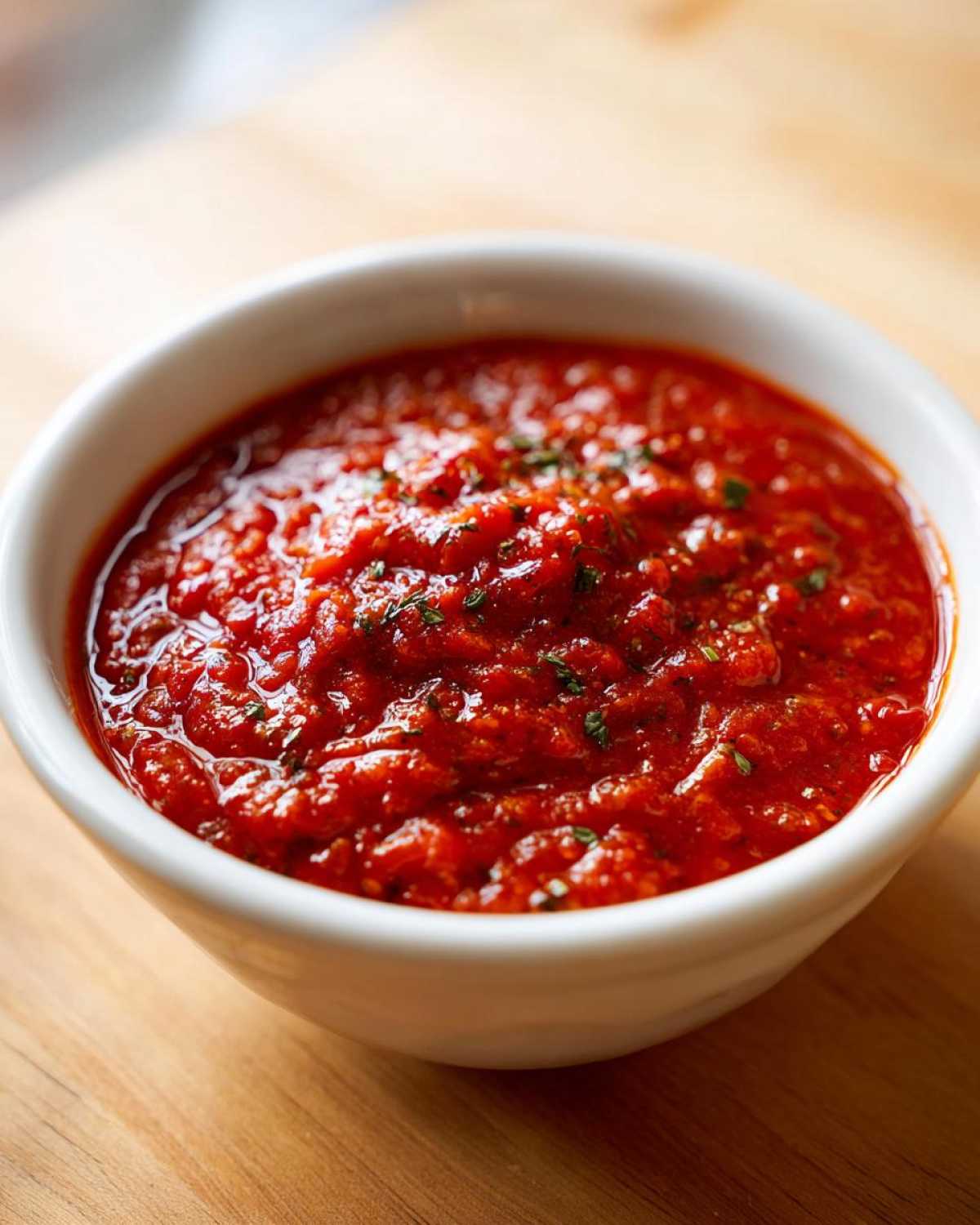 Close-up of a white bowl filled with chunky, vibrant red homemade pizza sauce, garnished with herbs.