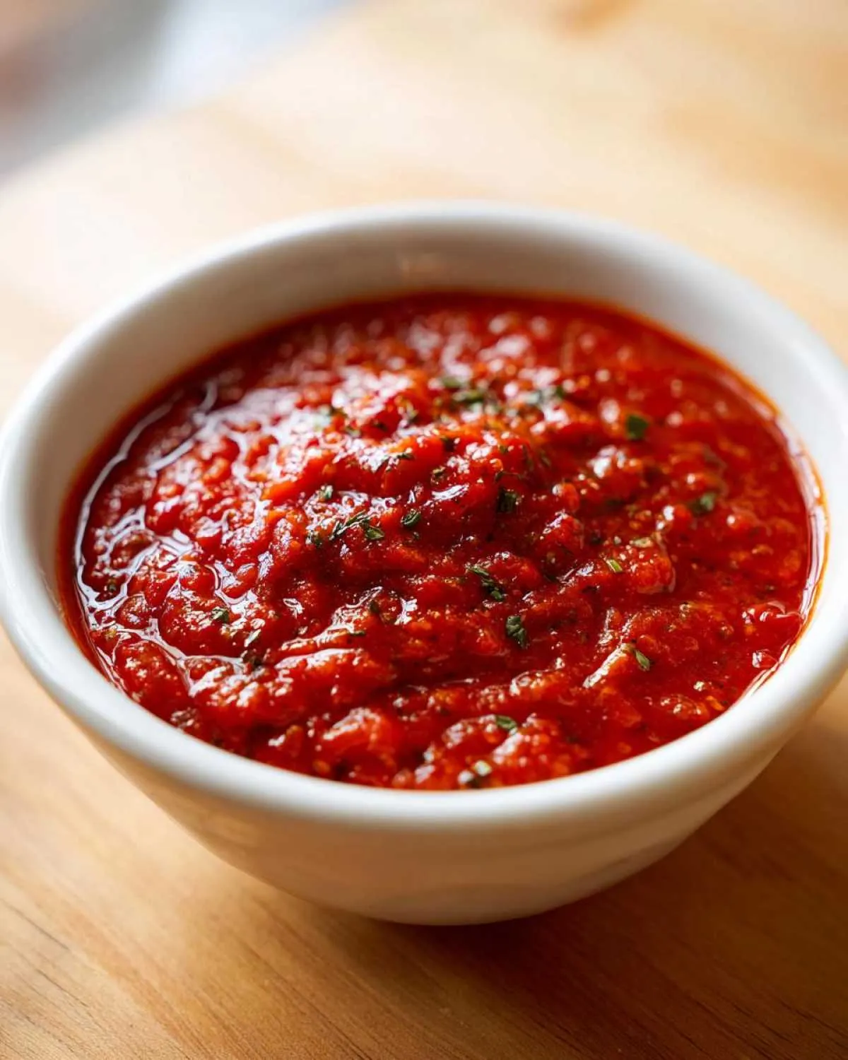 Close-up of a white bowl filled with chunky, vibrant red homemade pizza sauce, garnished with herbs.