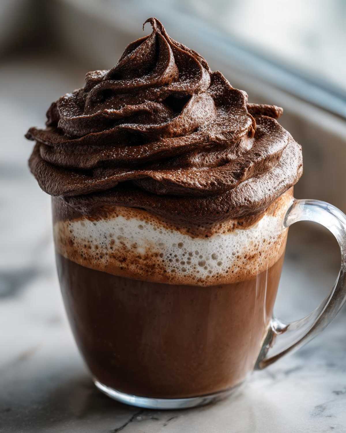 Close-up of a glass mug filled with hot chocolate topped with thick, piped chocolate whipped hot chocolate.