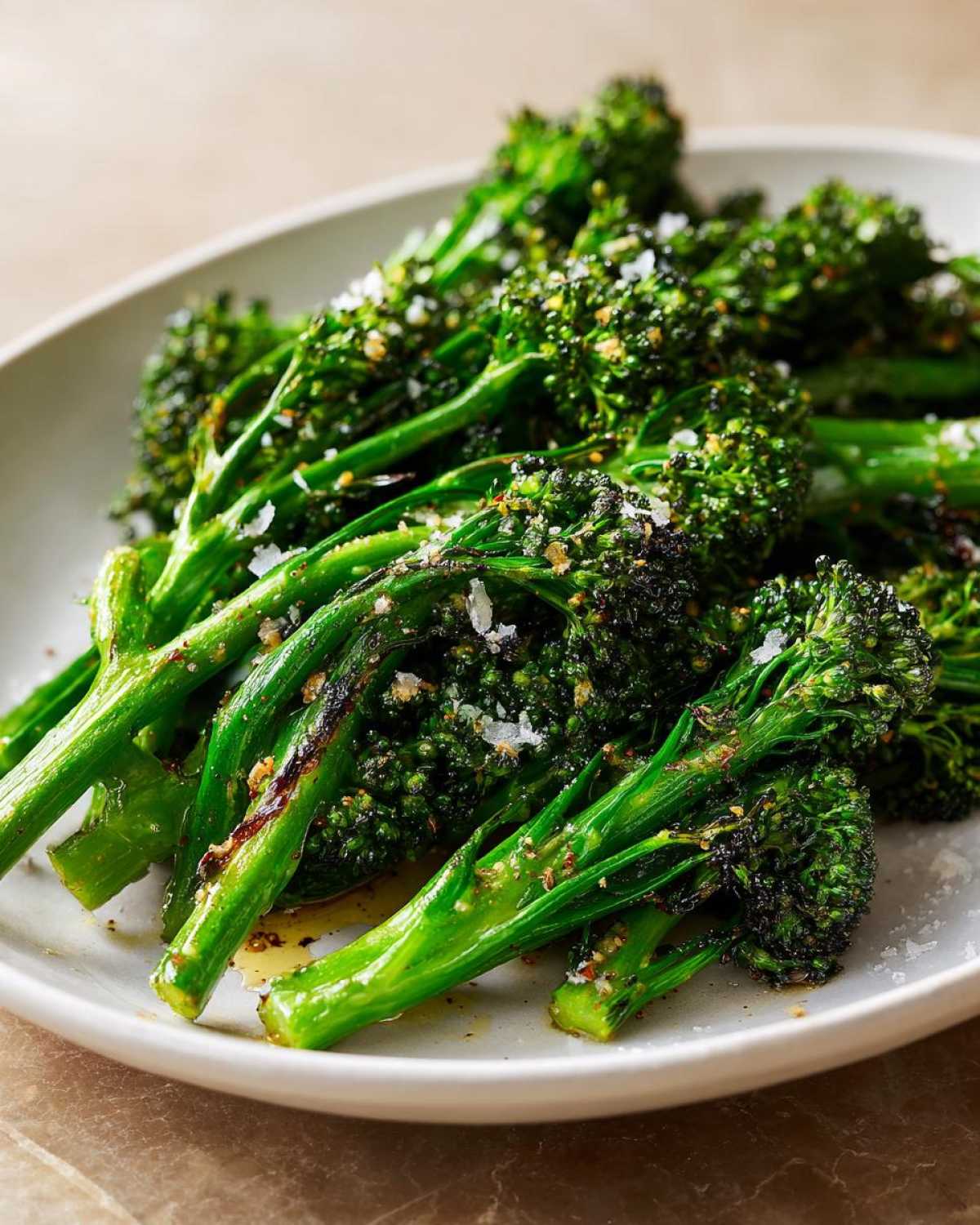 Close-up of bright green roasted broccolini spears seasoned with flaky salt and spices on a white plate.