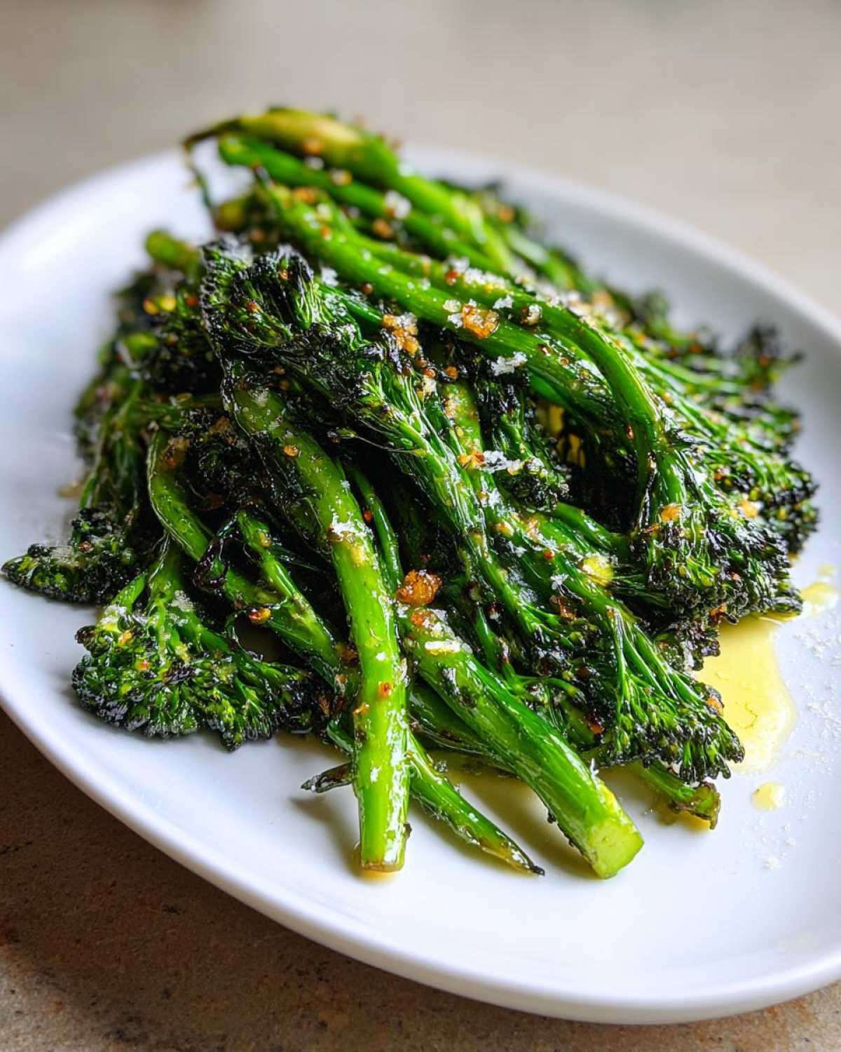 Close-up of bright green, roasted broccolini seasoned with garlic and cheese flakes on a white plate.