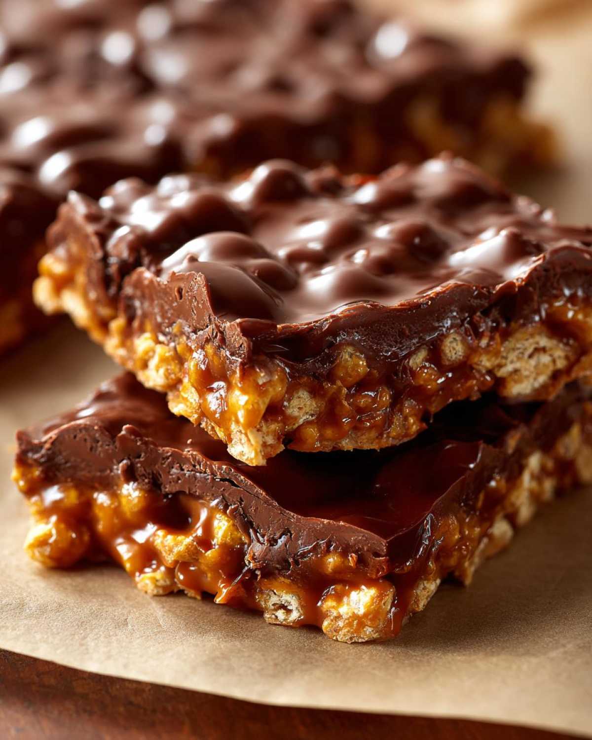Two stacked pieces of rich saltine cracker toffee showing a thick caramel layer and melted chocolate topping.