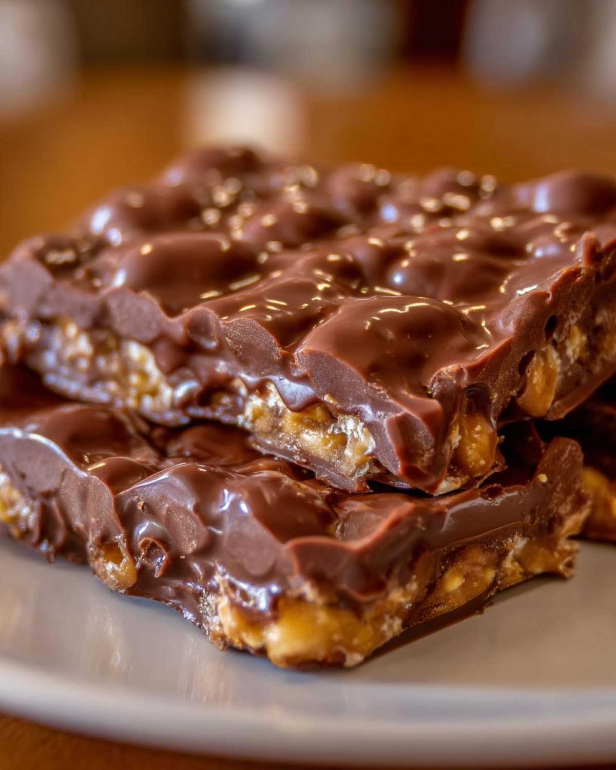 Close-up of two stacked pieces of glossy saltine cracker toffee topped with melted chocolate and sprinkled salt.