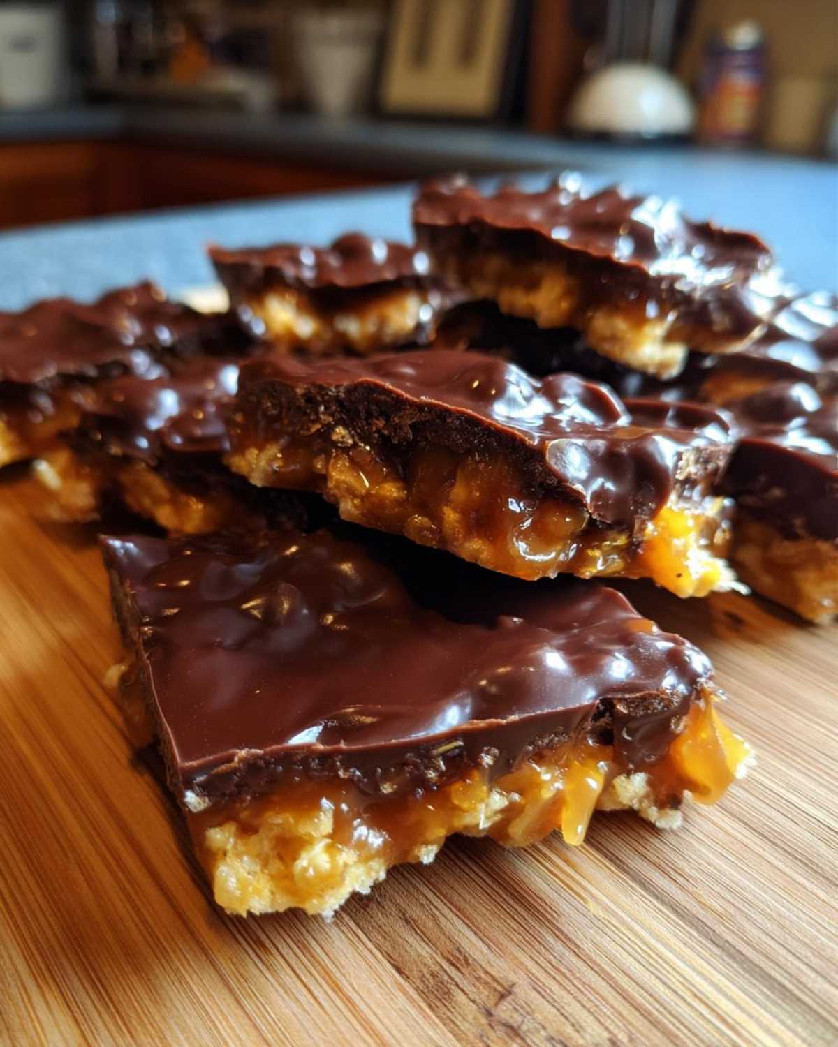 Close-up of broken pieces of saltine cracker toffee showing the crunchy base, gooey caramel, and thick chocolate topping.