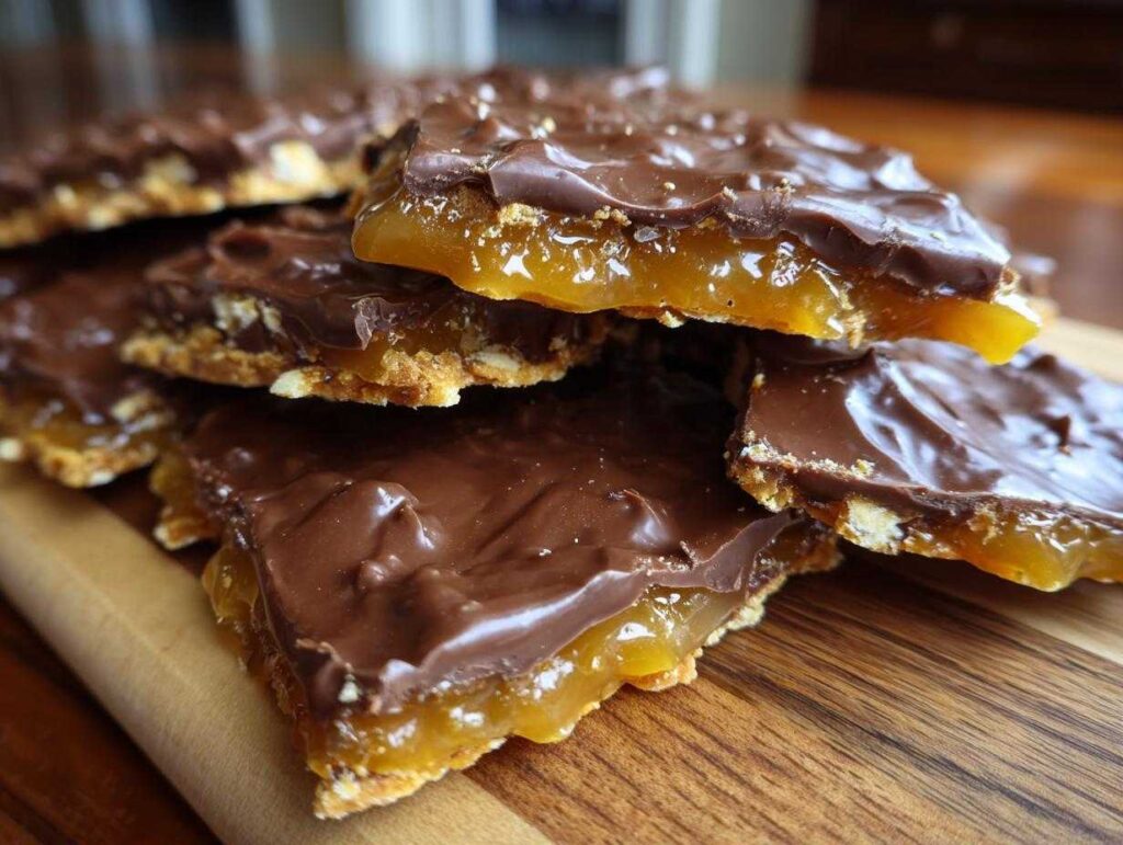 A stack of homemade saltine cracker toffee pieces showing the crunchy base, thick caramel layer, and melted chocolate topping.