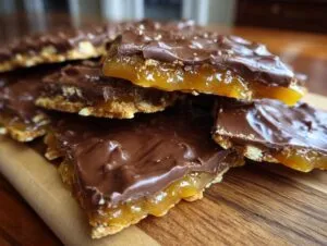 A stack of homemade saltine cracker toffee pieces showing the crunchy base, thick caramel layer, and melted chocolate topping.