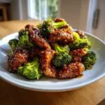 Close-up of saucy chicken and bright green broccoli served on a white plate.