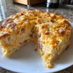 A thick, round portion of scalloped potatoes and ham casserole with a golden, cheesy crust, showing layers inside.