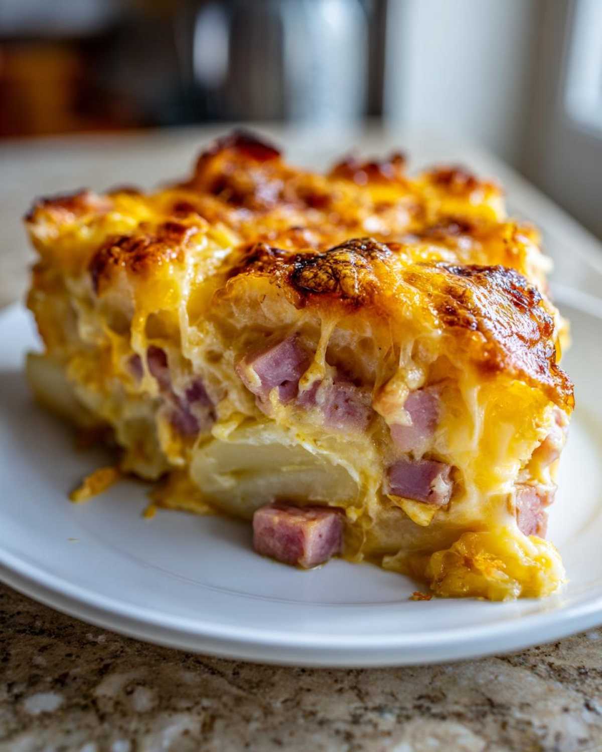 A thick slice of cheesy scalloped potatoes and ham, featuring layers of potatoes, diced ham, and a bubbly, browned cheese topping.