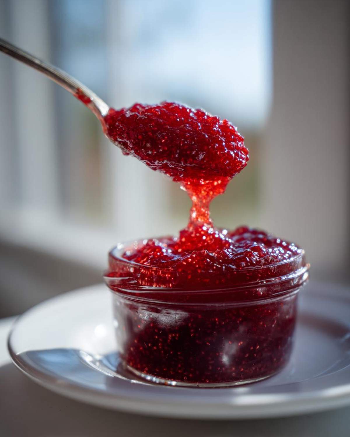 A spoonful of glistening, bright red raspberry jam dripping back into a small glass jar.