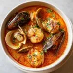 Close-up of a vibrant seafood soup Cioppino filled with shrimp, mussels, and clams in a rich, orange-red broth.