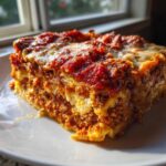 A thick, juicy slice of sheet pan lasagna with rich meat sauce and melted cheese layers, served on a white plate.
