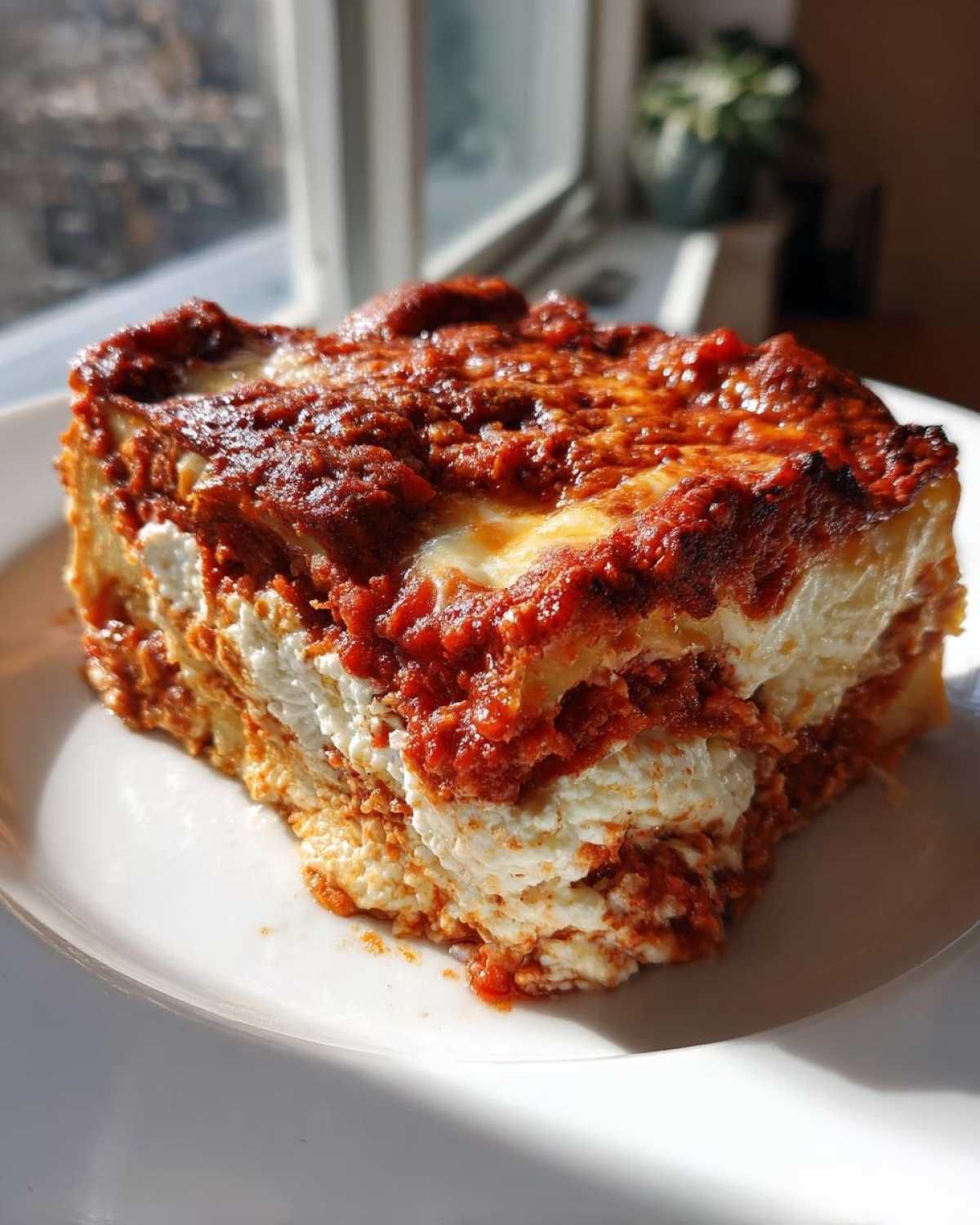 A thick, layered slice of sheet pan lasagna with rich red sauce and creamy white cheese filling, sitting on a white plate.