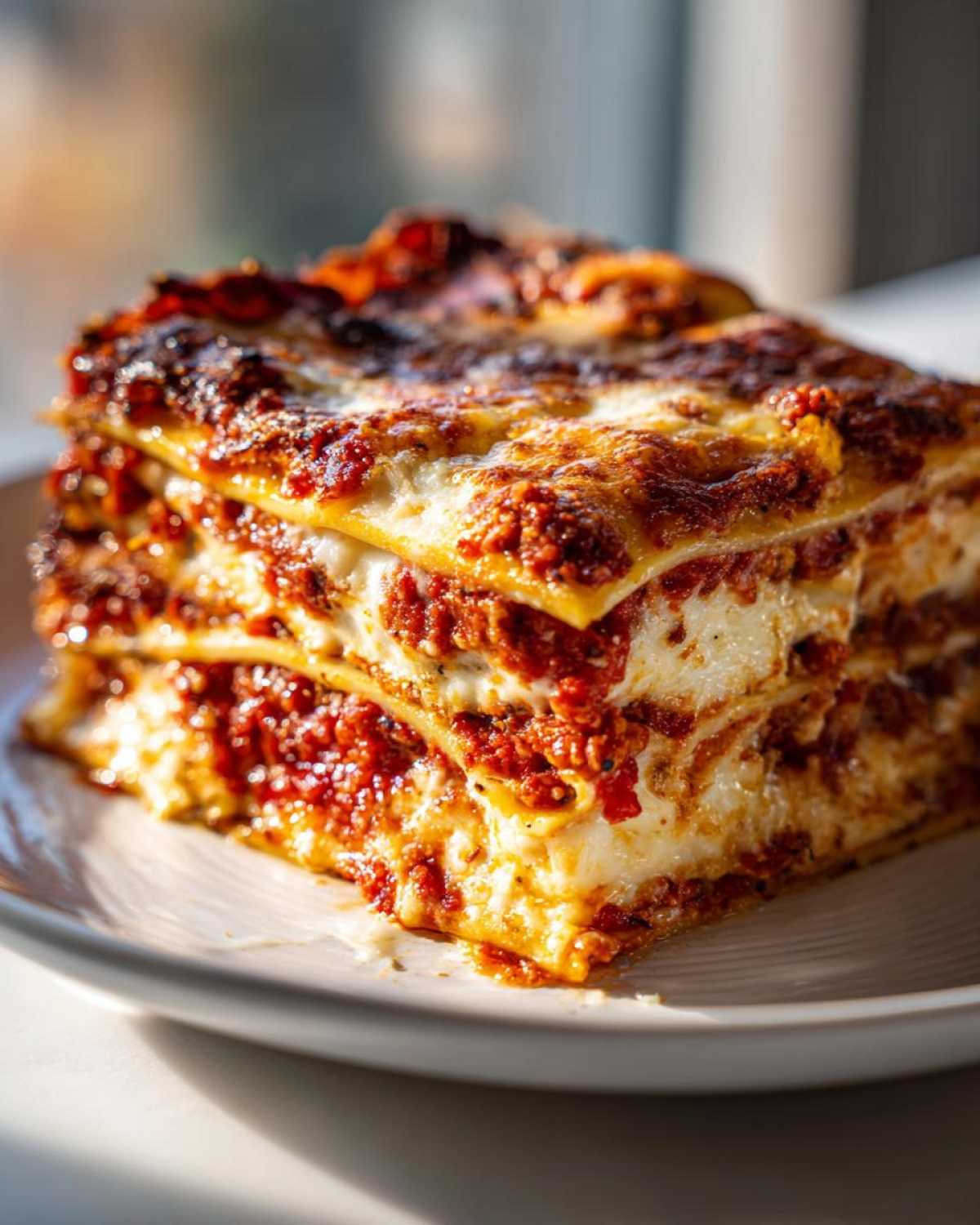 A thick, multi-layered slice of sheet pan lasagna showing rich meat sauce and melted cheese.
