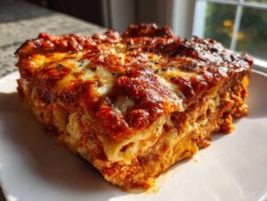 Close-up of a thick, cheesy slice of sheet pan lasagna with a browned, bubbly top layer.