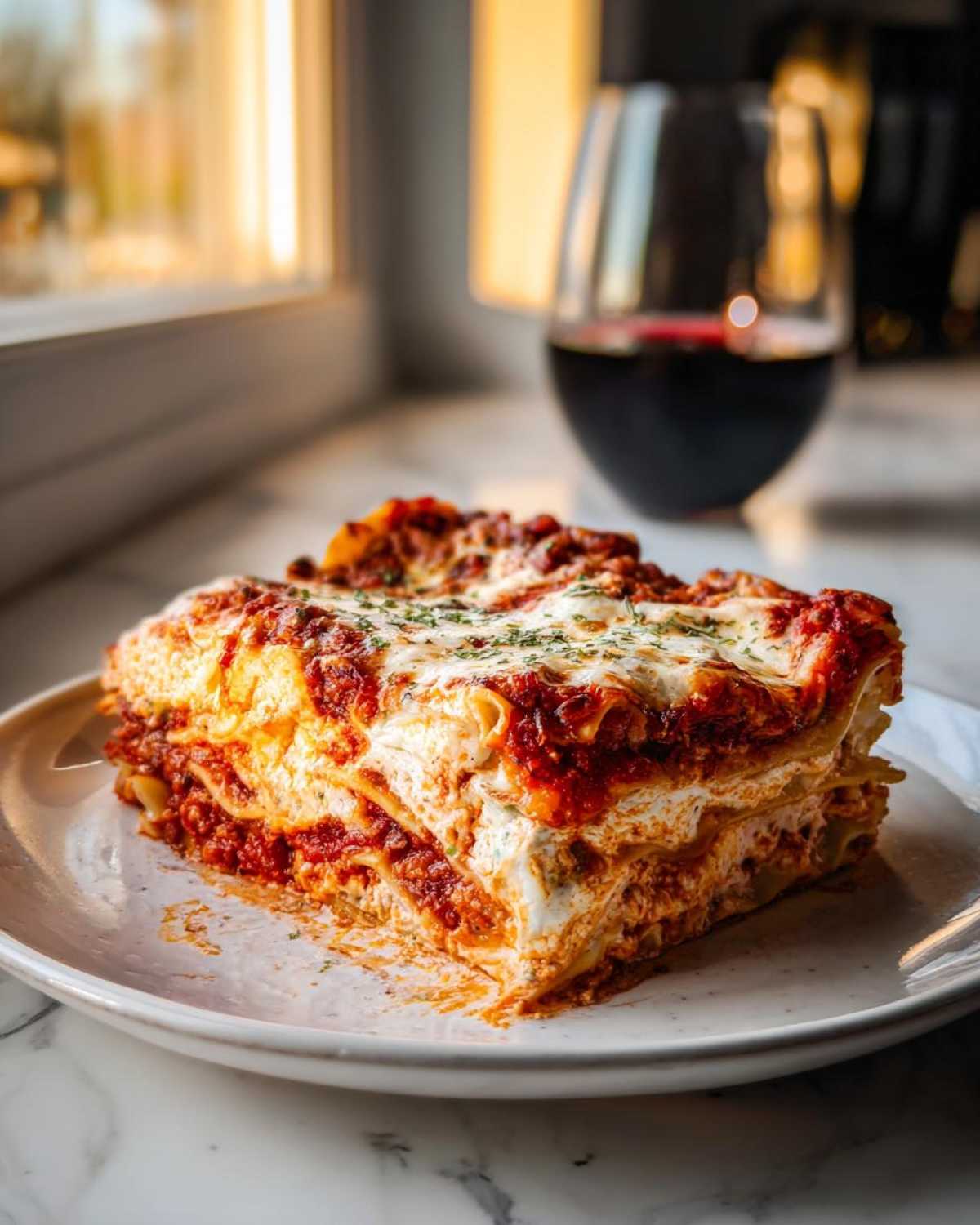 A thick, layered slice of sheet pan lasagna with rich sauce and melted cheese, served next to a glass of red wine.