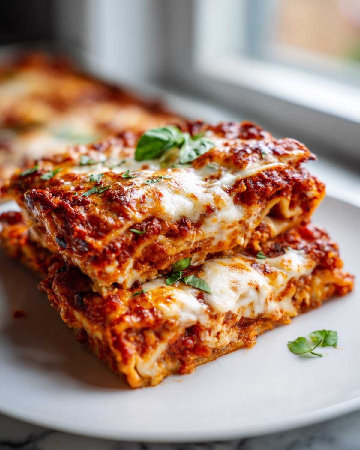 Two stacked slices of rich, cheesy sheet pan lasagna topped with melted mozzarella and fresh basil.