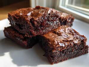 Close-up of fudgy brownies with a distinct shiny, crackled top, highlighting their rich texture.