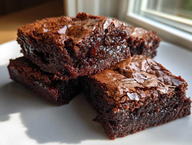 Close-up of fudgy brownies with a distinct shiny, crackled top, highlighting their rich texture.