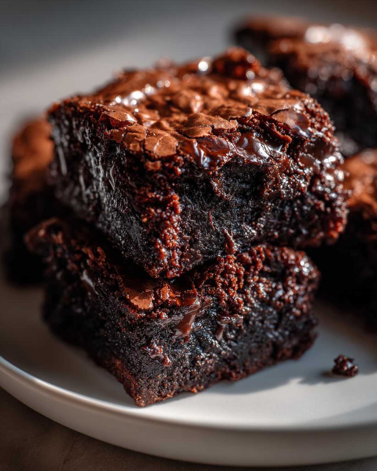 Close-up of two fudgy, dark chocolate brownies stacked, showing a shiny, crackly top.