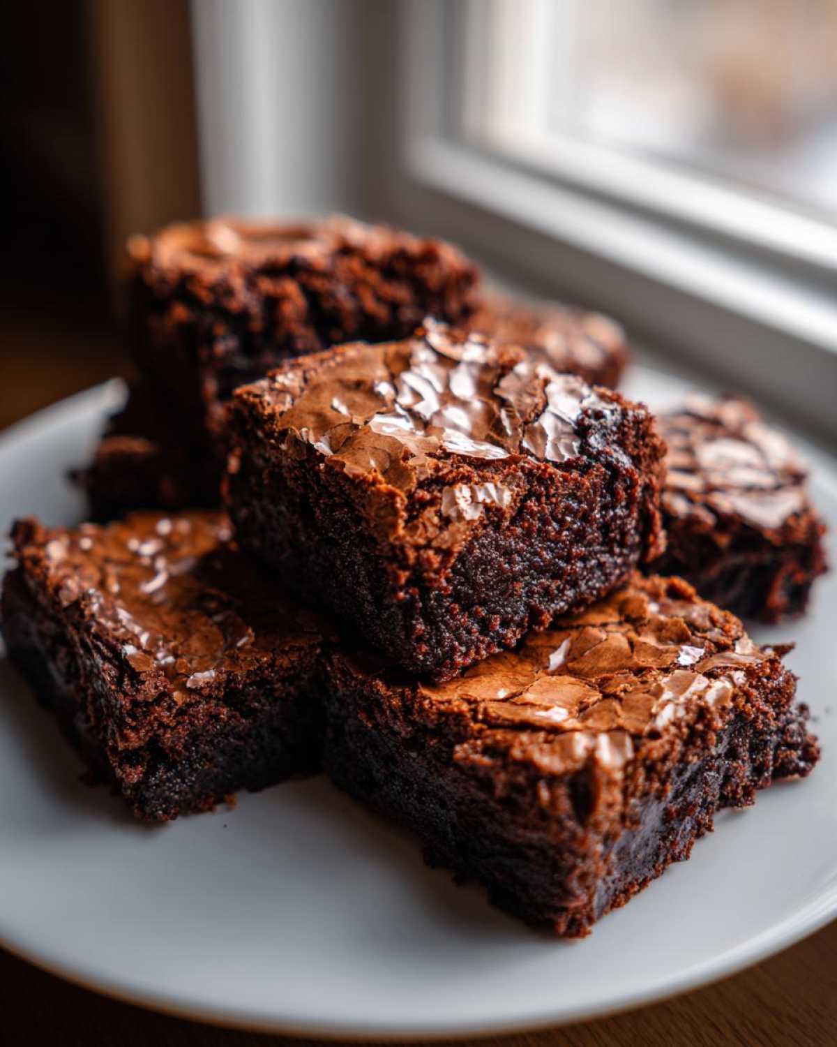 A stack of rich, fudgy brownies with a signature shiny, crackly top, served on a white plate.