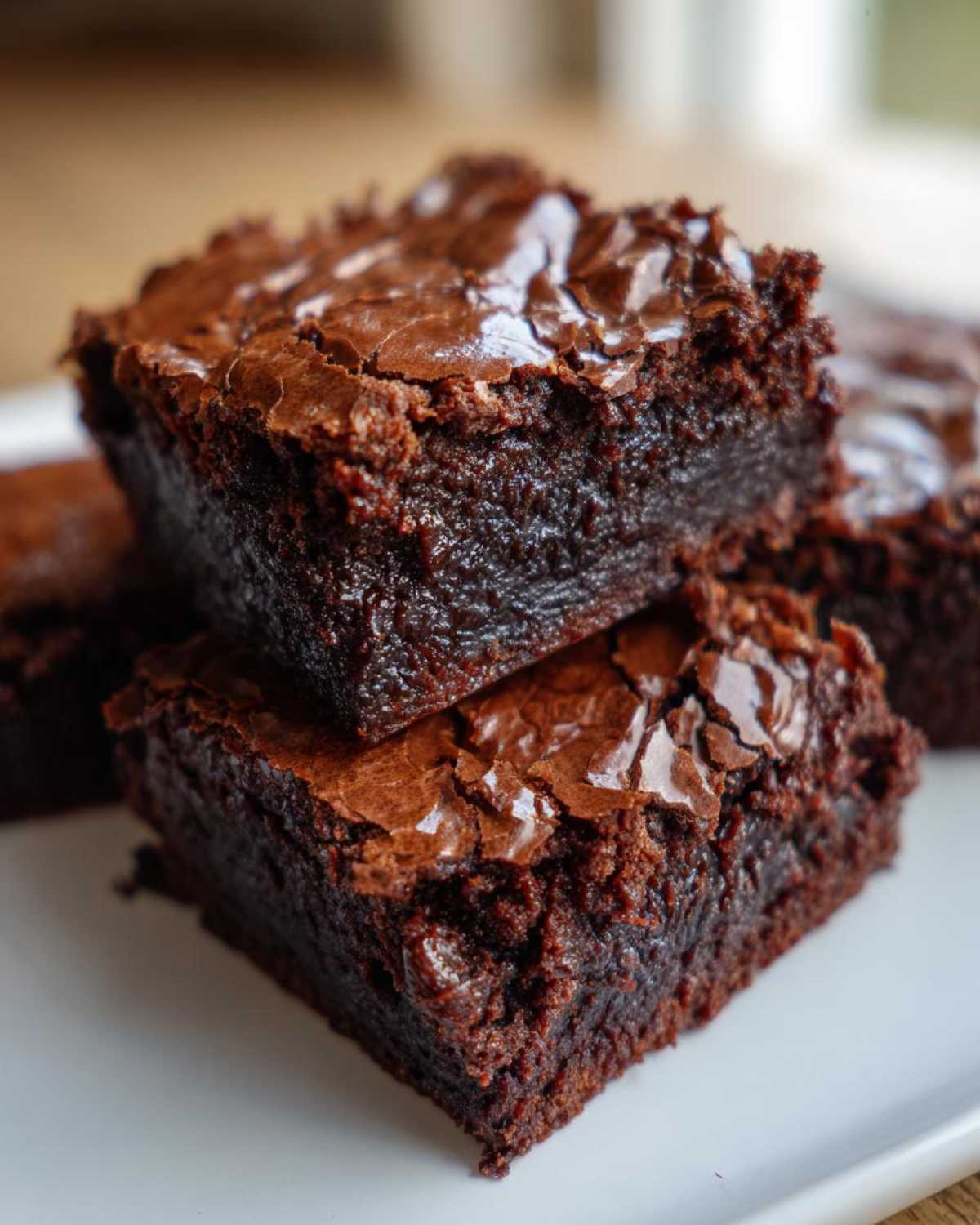 Close-up of two stacked, fudgy brownies showcasing their signature shiny, crackly top.