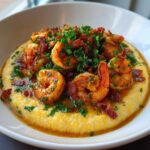 A close-up, appetizing photo of shrimp and grits topped with crumbled bacon and fresh parsley.