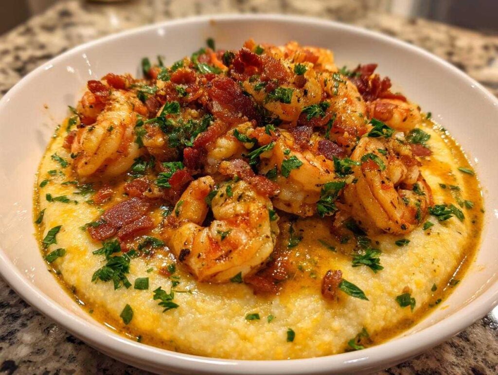 Close-up of creamy shrimp and grits topped with seasoned shrimp, bacon pieces, and fresh parsley.