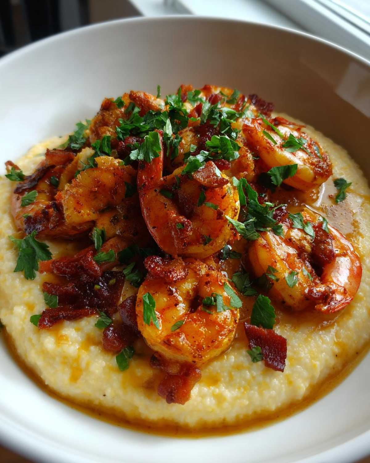 Close-up of flavorful shrimp and grits topped with bacon crumbles and fresh parsley.