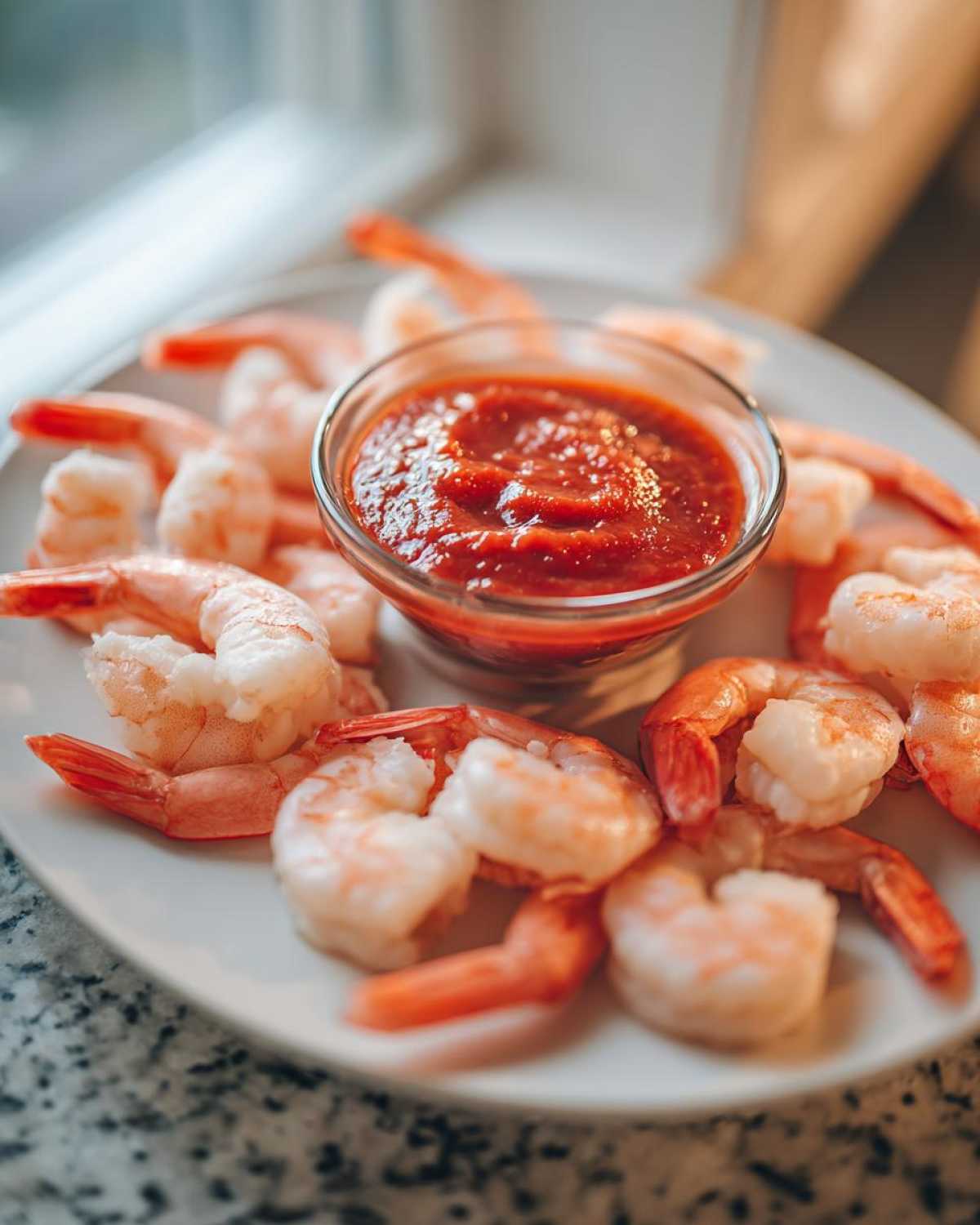A platter of chilled, cooked shrimp surrounding a small glass bowl of bright red cocktail sauce for shrimp cocktail.
