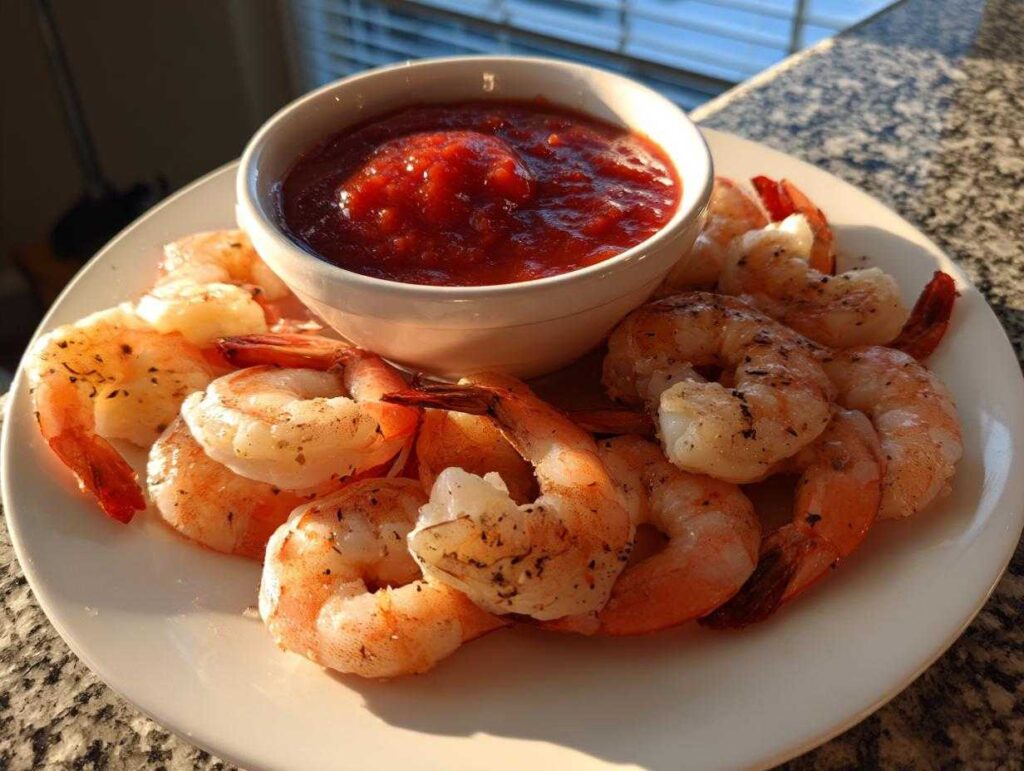 A white plate featuring seasoned shrimp cocktail arranged around a small bowl of bright red cocktail sauce.