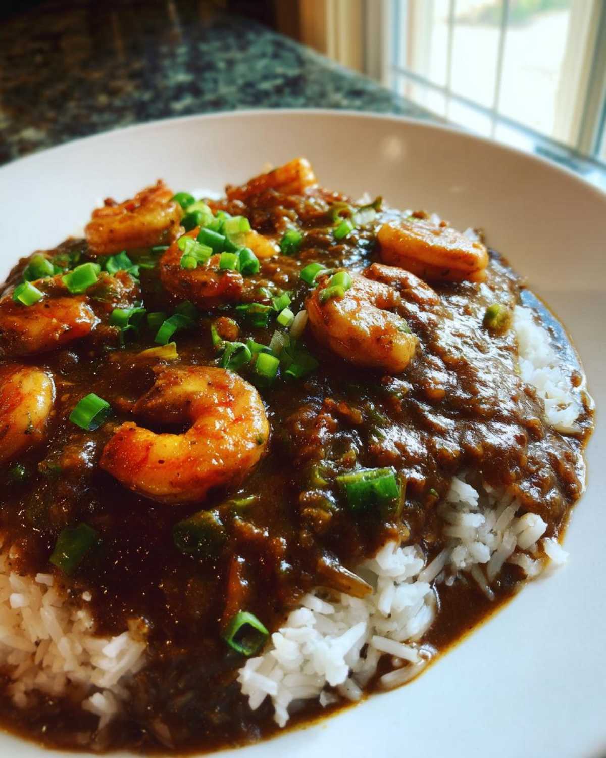 Close-up of a bowl of rich, dark shrimp etouffee served over fluffy white rice and topped with chopped green onions.