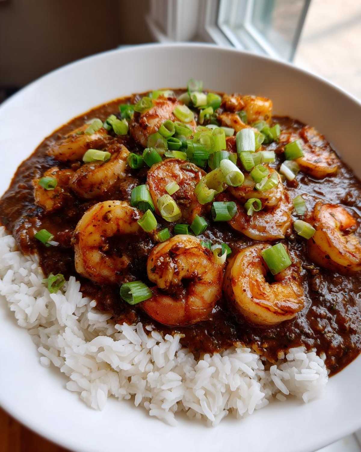 Close-up of rich, dark shrimp etouffee served over fluffy white rice and topped with fresh green onions.