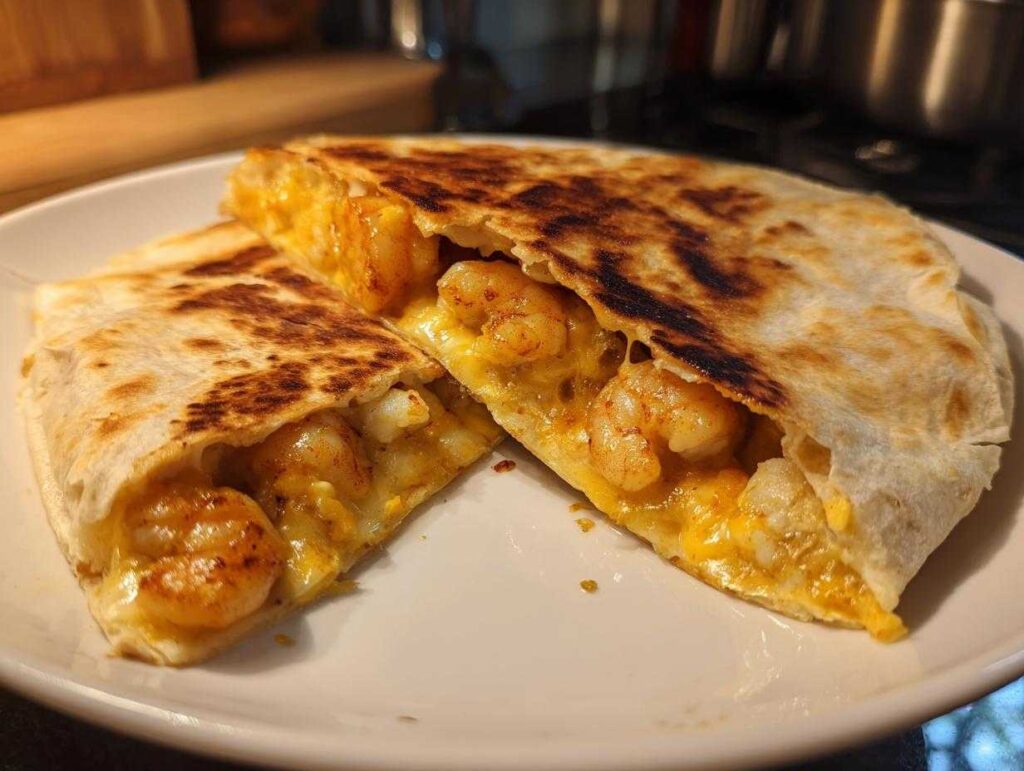 Two halves of a golden-brown shrimp quesadilla filled with melted cheese and seasoned shrimp.