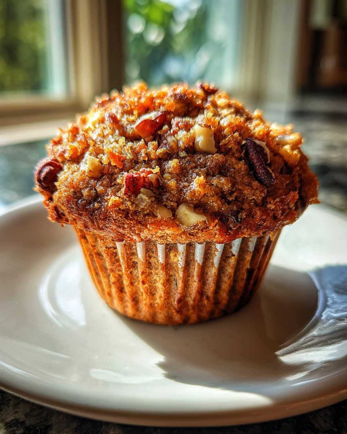 A single, freshly baked morning glory muffin topped with nuts, sitting on a white plate in bright sunlight.