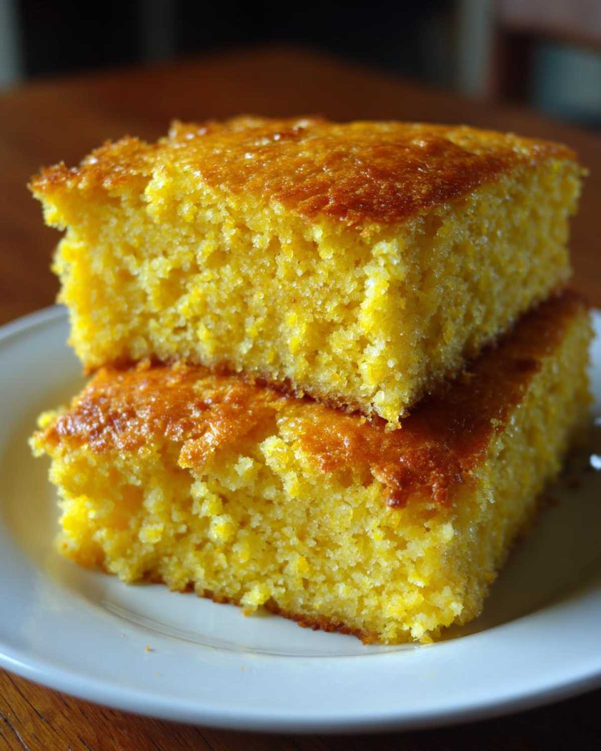 Two moist, golden slices of skillet cornbread stacked on a white plate, showing a rich, yellow crumb.
