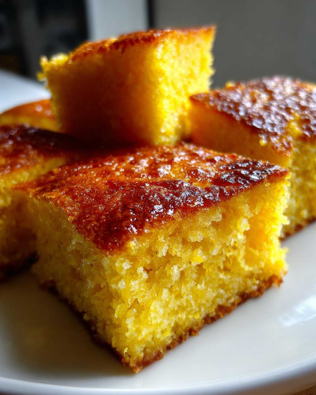Close-up of several golden, moist squares of skillet cornbread stacked on a white plate.