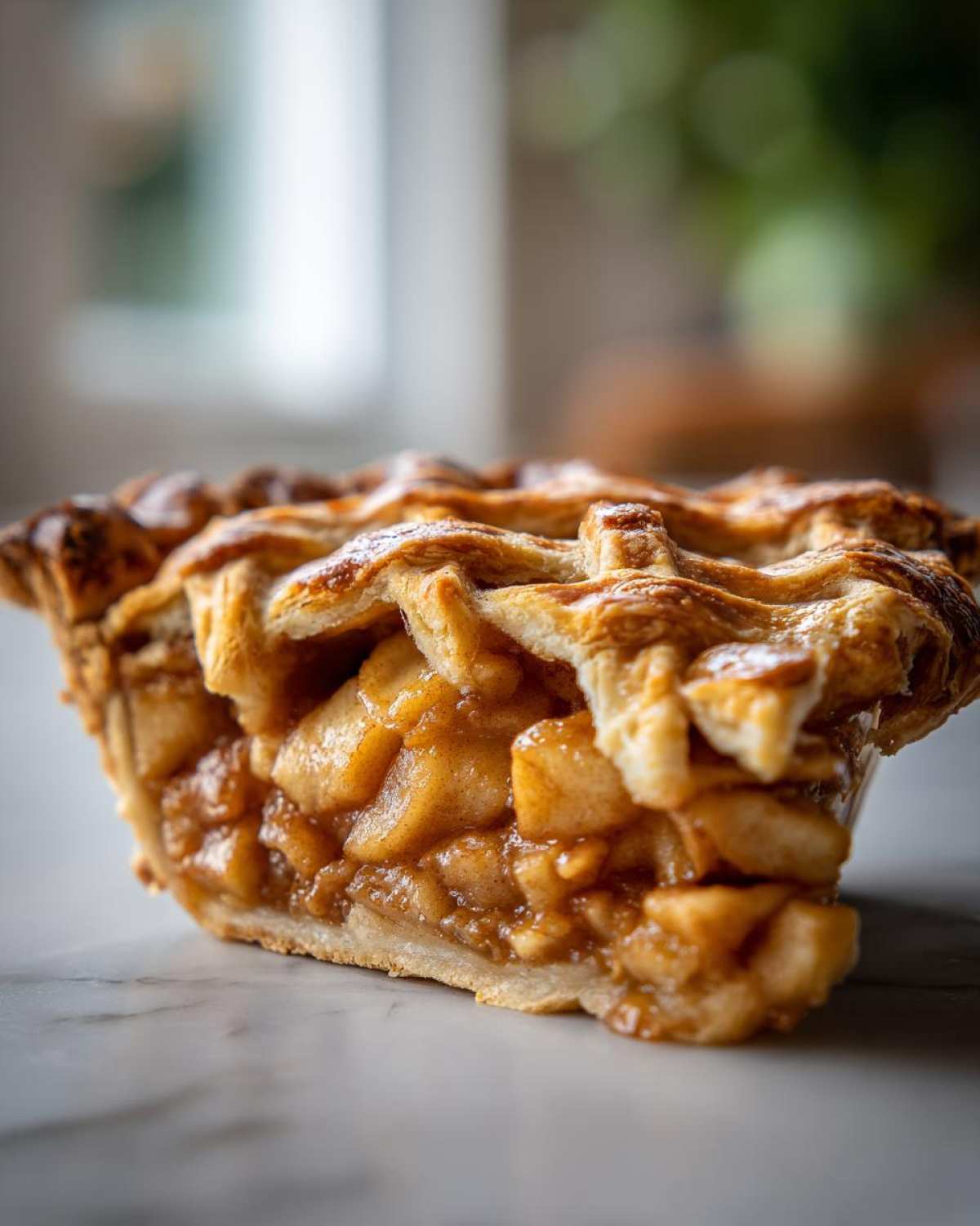 Close-up of a thick slice of apple pie recipe showing gooey cinnamon apples and a golden lattice crust.