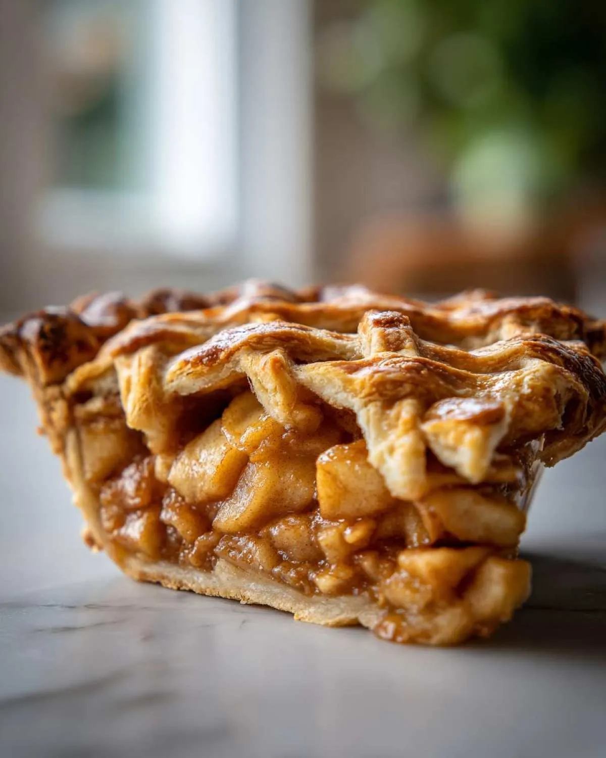 Close-up of a thick slice of apple pie recipe showing gooey cinnamon apples and a golden lattice crust.
