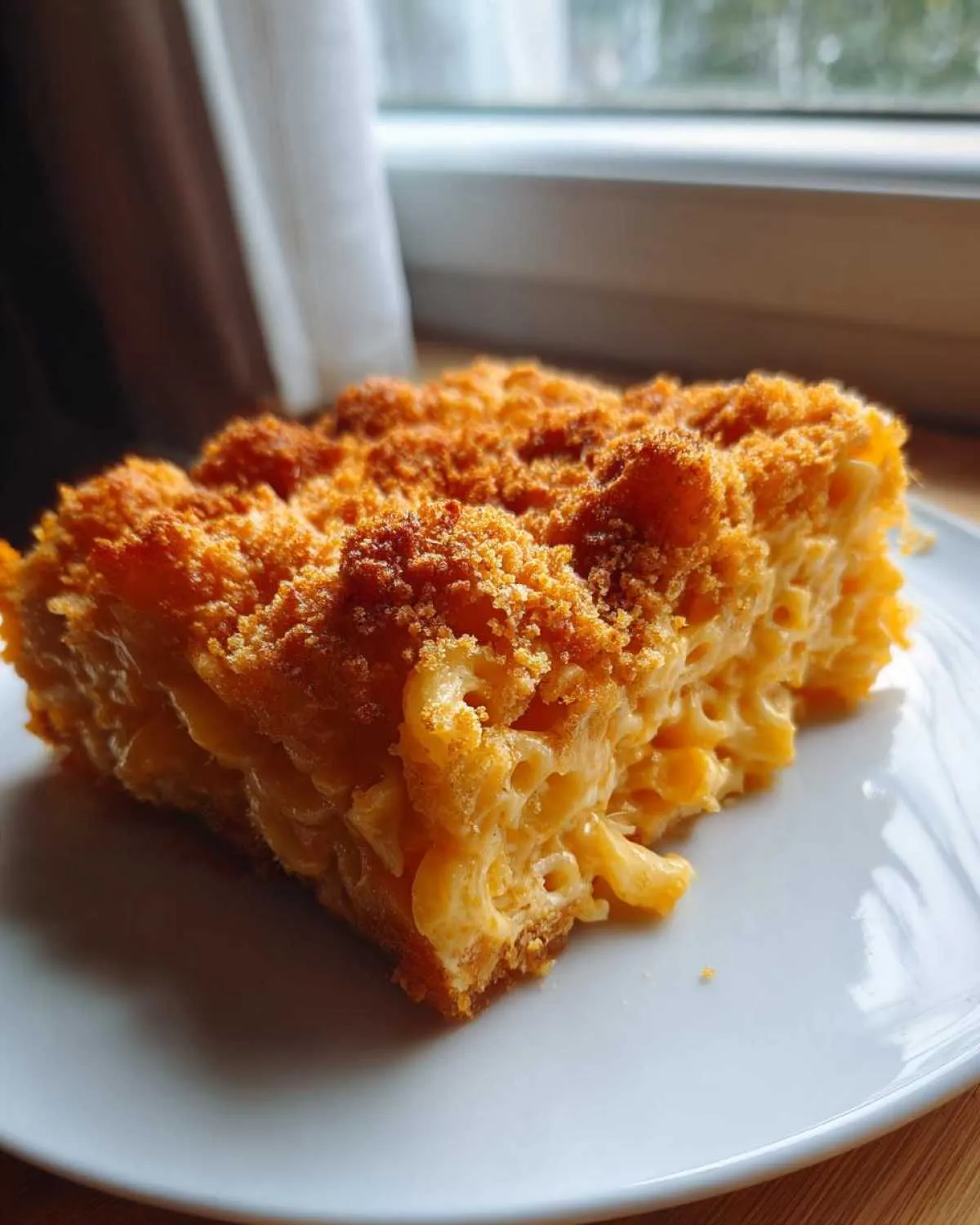 A close-up of a square slice of creamy baked mac and cheese with a golden, crunchy breadcrumb topping.