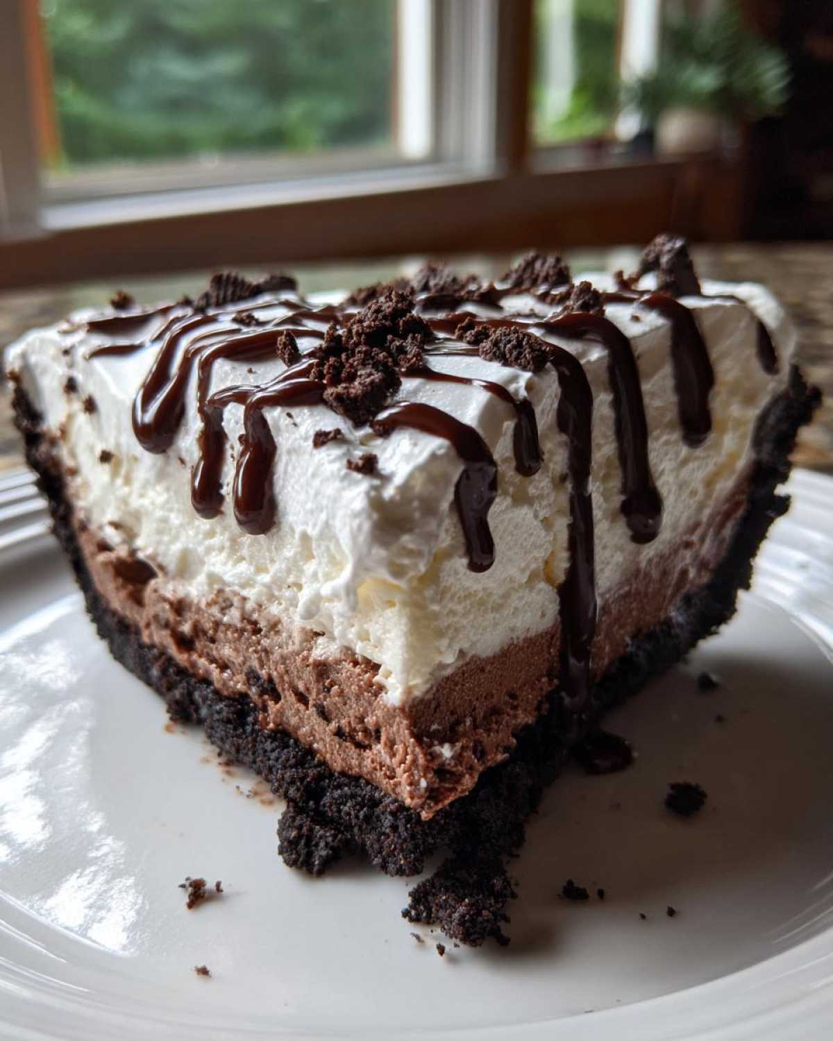 A thick slice of layered chocolate ice cream pie with whipped topping, chocolate drizzle, and cookie crumbs.