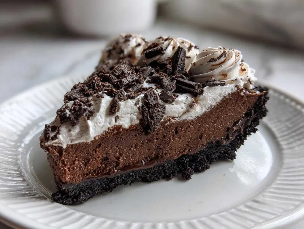 A close-up of a decadent slice of chocolate mousse pie with a dark crust, chocolate filling, and whipped cream topping.