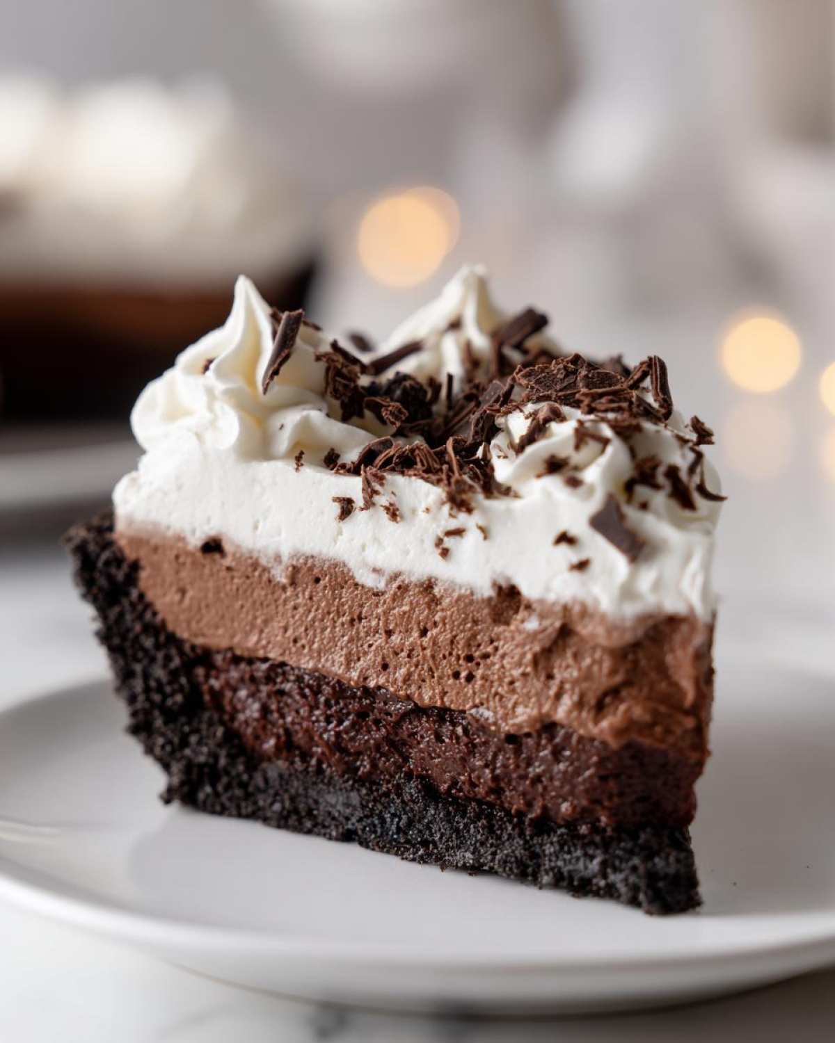 A decadent slice of chocolate mousse pie featuring dark crust, two layers of chocolate mousse, whipped cream, and shavings.