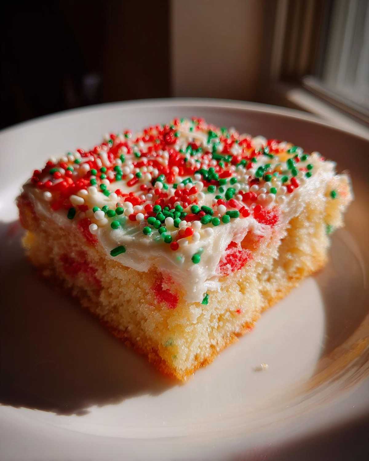A square slice of christmas sugar cookie bars topped with white frosting and red and green sprinkles.