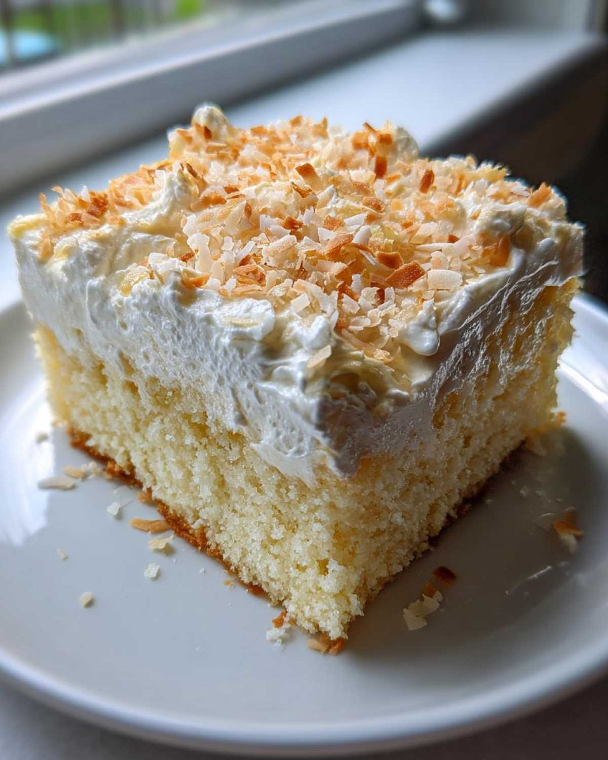 A moist slice of coconut poke cake topped with whipped cream and toasted coconut flakes.